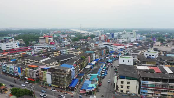 Aerial view of Rom Hoop market. Mae Klong Market in Samut Songkhram Province, Thailand.