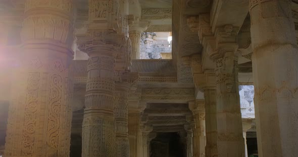 Interior of Beautiful Ranakpur Jain Temple or Chaturmukha Dharana Vihara Mandir in Ranakpur