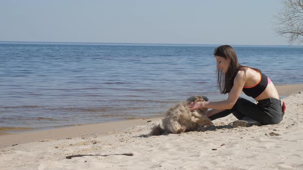 Long Haired Brunette in Top and Jeans Pets Shih Tzu Dog