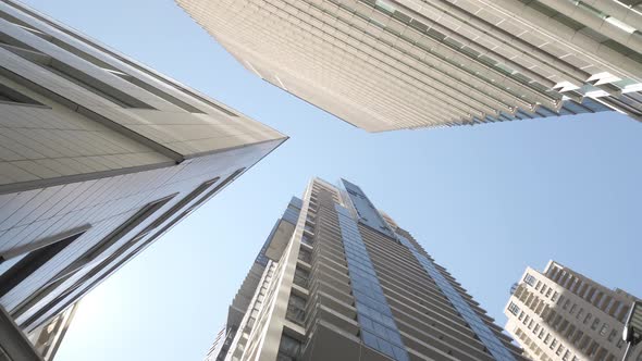 Looking up shot of tall modern skyscrapers building in the city district of Sydney