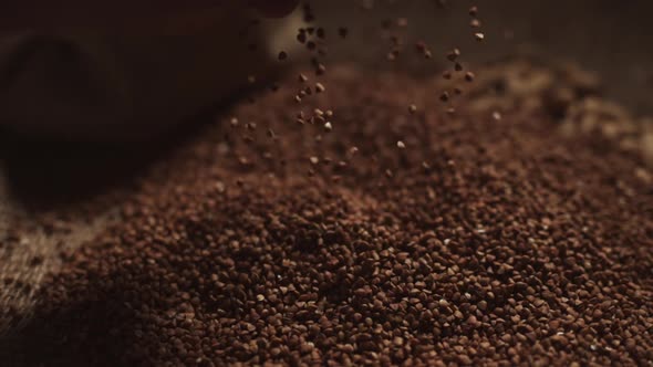 A Male Hand Pick Up a Handful of Buckwheat Grains and Raise Their Palm Up in Slow Motion