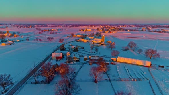 Aerial View Across Countryside Farmlands and a Mobile, Manufactured, Modular Home Park