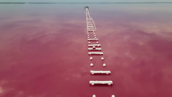 Pink Lake with Therapeutic Mud Ungraded  Footage on Sunset, Air Drone View