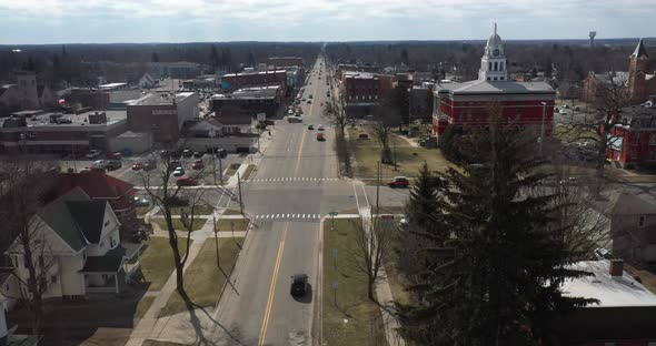 Downtown Charlotte, Michigan skyline with droneing up.