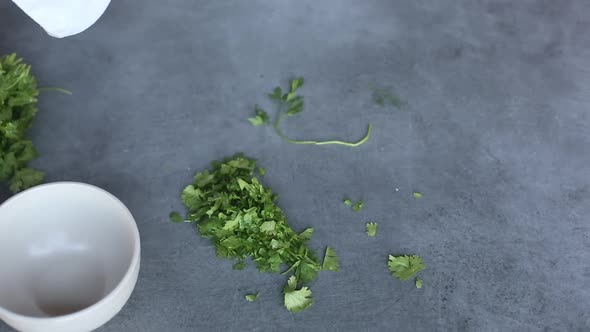 Chef cuts with knife parsley,dill and cilantro