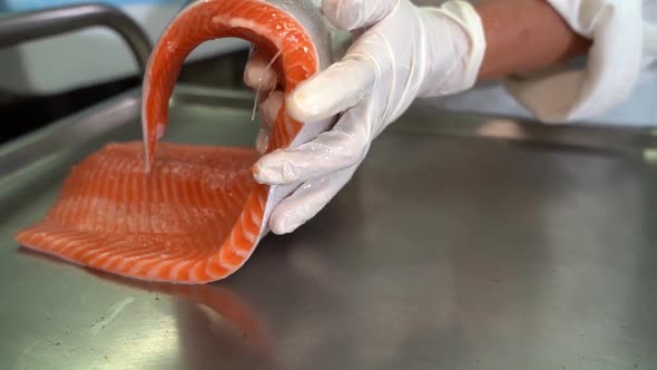 Asian noface fish industry worker is gently laying down salmon fillet to stainless steel trolley tab