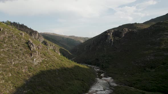 Aerial panoramic view of landscape of green mountains in National Park Geres. Portugal