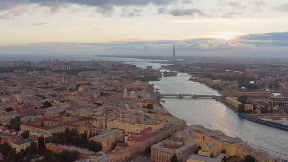 The Russian Venice Aerial Footage of Center of Saint Petersburg Russia at Evening Flight Over the