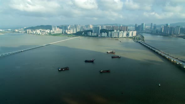 Macau Boats on Water at Chinese Buildings on Taipa Timelapse