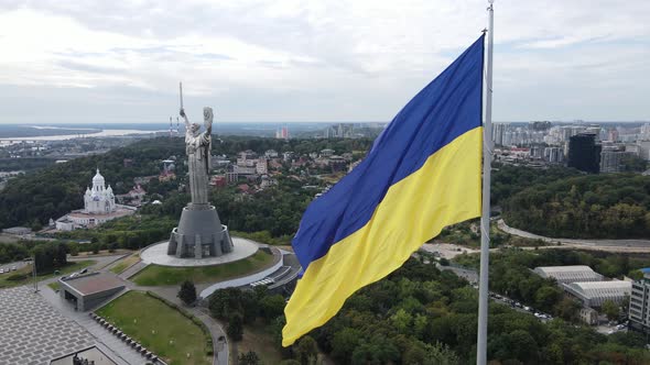 Kyiv - National Flag of Ukraine By Day. Aerial View. Kiev. Slow Motion