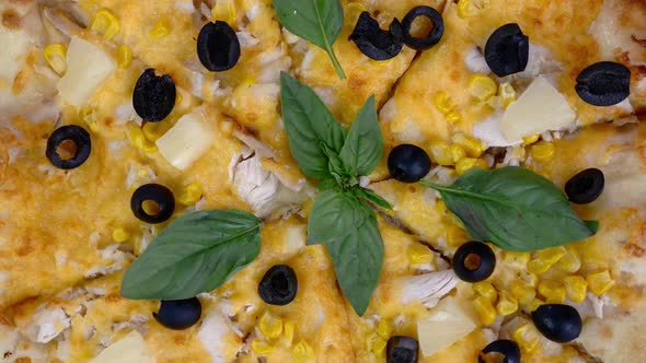 Homemade Pizza with Cheese Chicken Meat Olives and Basil Leaves Rotate Slowly