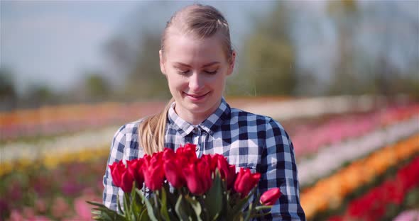 Woman Holding Tulips Bouquet in Hands While Walking on Tulips Field