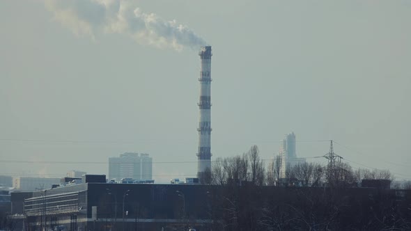 Industrial Zone Smokestack Exhaust Pipe Global Warming Problem. Ecology Co2 Dioxide Emission Fog.