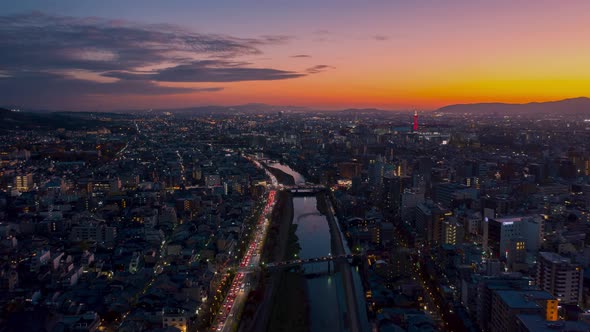Aerial view Hyper lapse 4k Video of Building in Kyoto City on sunset