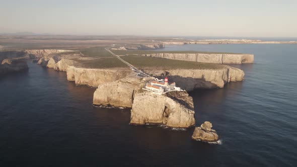 Lighthouse of Cabo de Sao Vicente, Sages, Algarve, Portugal. Locked off aerial view