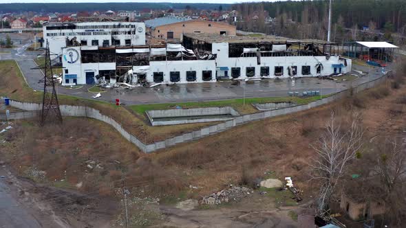 Aerial view of the destroyed and burnt houses.