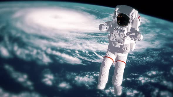 Astronaut Falls To Earth in the Open Space. Spacewalk. Earth with a Hurricane. Elements of This alt