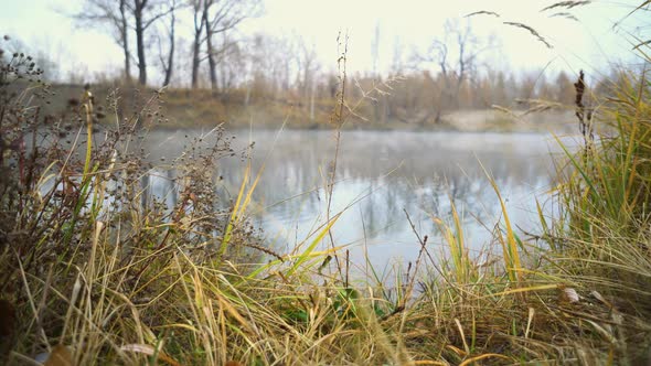 Slider Panorama in the Autumn Park and a Lake with Fog.