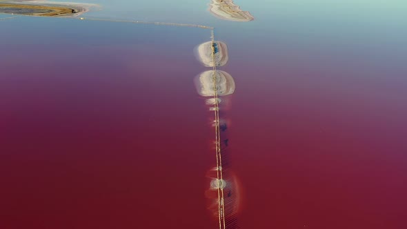 Beautiful top view of the salty, pink lake. Beautiful pink sunrise.