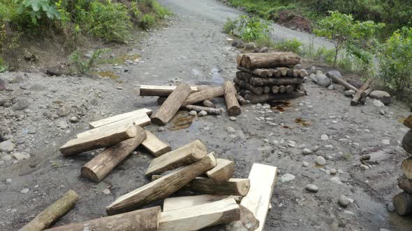 View of wooden logs, piled up alongside the road and ready to be sold