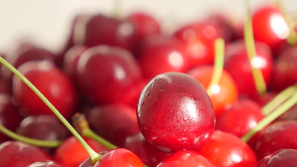 Organic cherry in focus on top of many slow tilting 4K 3840X2160 UltraHD footage - Tilt on red wet c