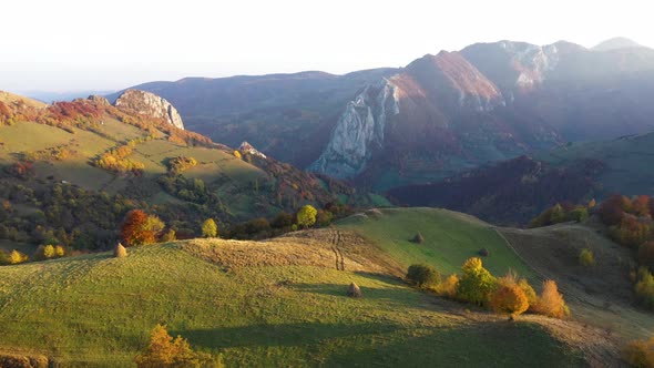 Aerial View of Epic Sunset in the Mountains. Autumn Landscape