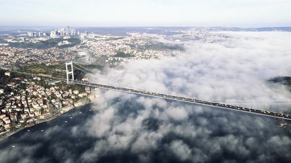 amazing view of istanbul two continent in foggy day from drone shot