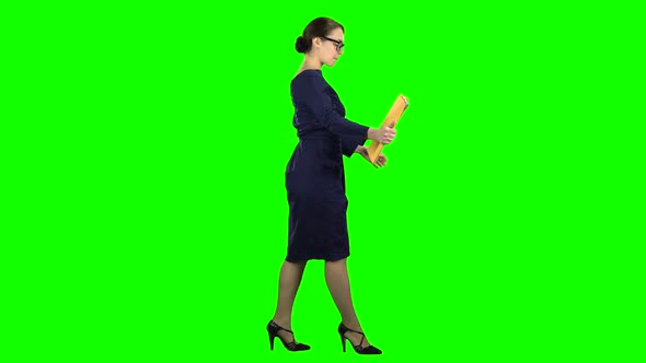 Girl Is Walking Along the Street with a Folder in Her Hands. Green Screen