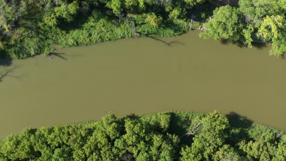 Aerial top down, river stream with murky muddy water. Forest trees on river bank