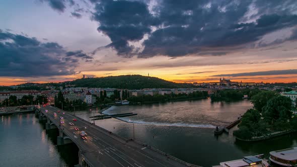 The View on Prague Hill Petrin Timelapse with Owl's Mills Day to Night with Beautiful Colorful Sky