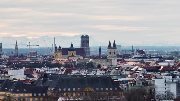 Munich Aerial Skyline View With Frauenkirche Old Town And Alps