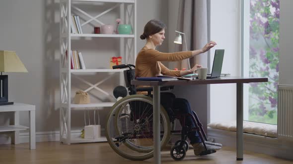 Overworking Disabled Caucasian Woman in Wheelchair Closing Laptop Sighing Looking Out the Window in