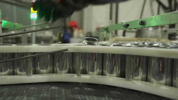 Worker Adjusts Beer Cans Being Fed Into Microbrewery Canning Line