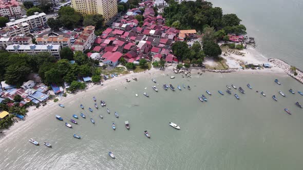 Aerial view fishing boat park at estuary