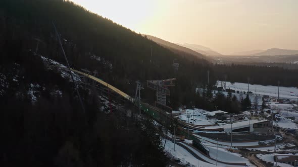 Empty ski jumping centre at Zakopane in Poland. Aerial forward