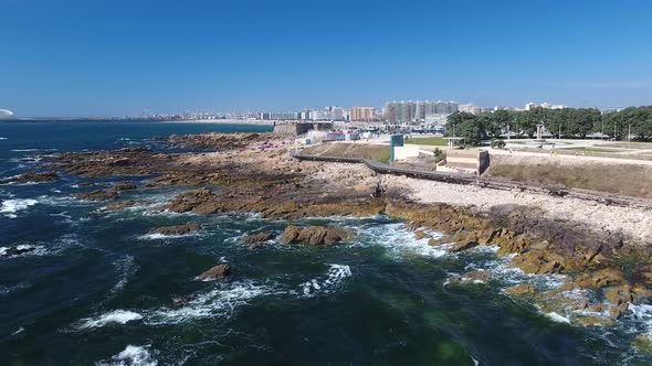 Aerial view of Atlantic Ocean coast in Porto, Portugal