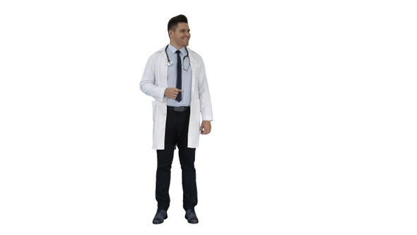 Happy Doctor Showing Something Near Him and Smiling On