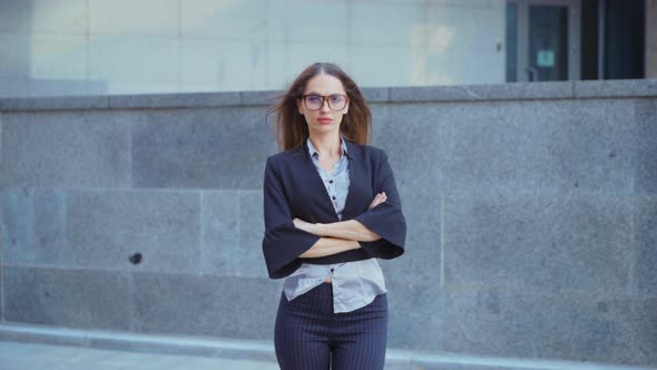 Business Woman Portrait in Eyeglasses Caucasian Female Business Person Standing Outdoor Dressed