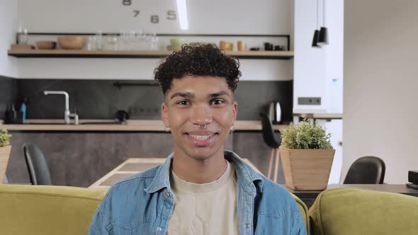 Happy Young Smart Black Blogger Man with White Shirt Filming New Vlog Video at Home Slow Motion