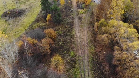 Flying Over the Railway That Passes Through the Forest. Autumn. Aerial View. The Railway Is Next To