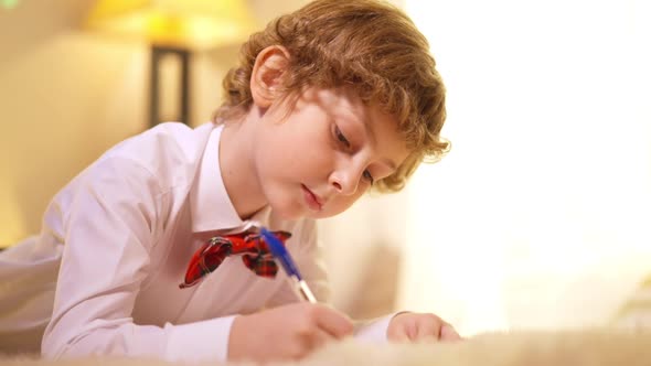 Focused Charming Boy Writing Letter to Father Christmas Looking at Camera Smiling