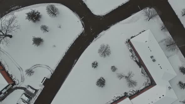 Aerial View Houses Buildings Complex in Residential Houses Neighborhood Roof Houses Covered Snow