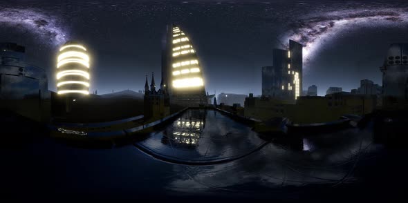 City Skyline at Night Under a Starry Sky. VR360 alt