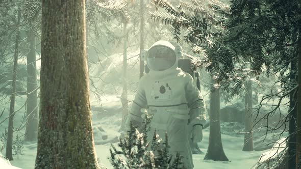 Astronaut Exploring Forest in Snow alt