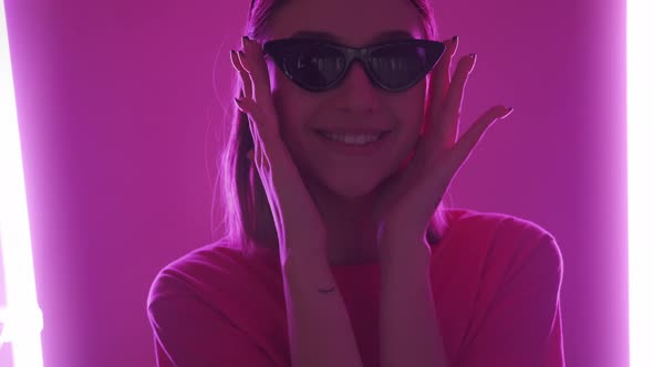 Stylish Glasses Hipster Girl Neon Light Portrait