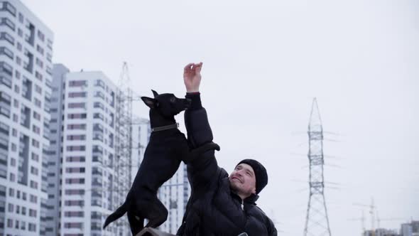 Man Handler Training Black Dog to Stand on Its Hind Legs on Winter Walk