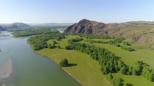 Summer Landscape with River Aerial Shot