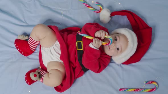 Merry Xmas Happy New Year Infants Childhood Holidays Concept Closeup Smiling Funny Newborn Baby in