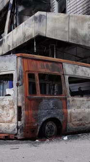 Vertical Video of a Burnt Shopping Center During the War in Bucha Ukraine