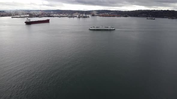 Aerial View Approaching  Washington State Ferry with the Seattle Port in the Background